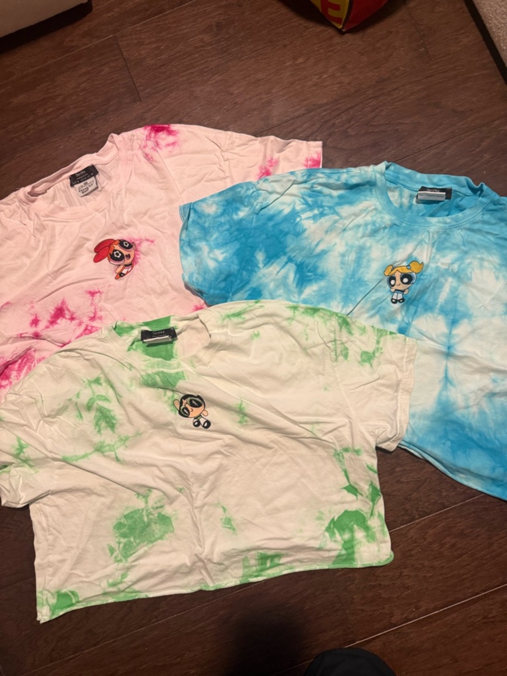 Bershka Tie-Dye Powerpuff Girls Crop Tees - Pink, Blue, Green